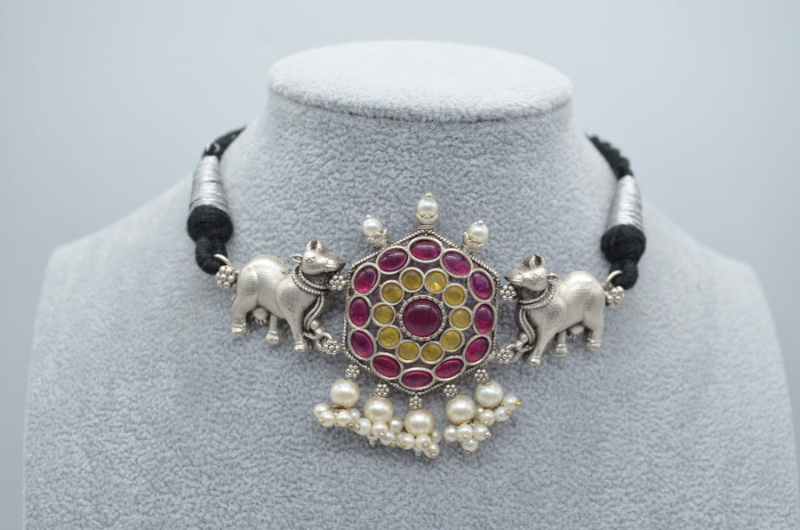 Silver Look Alike Nandi Colored Stone Choker Set Necklaces