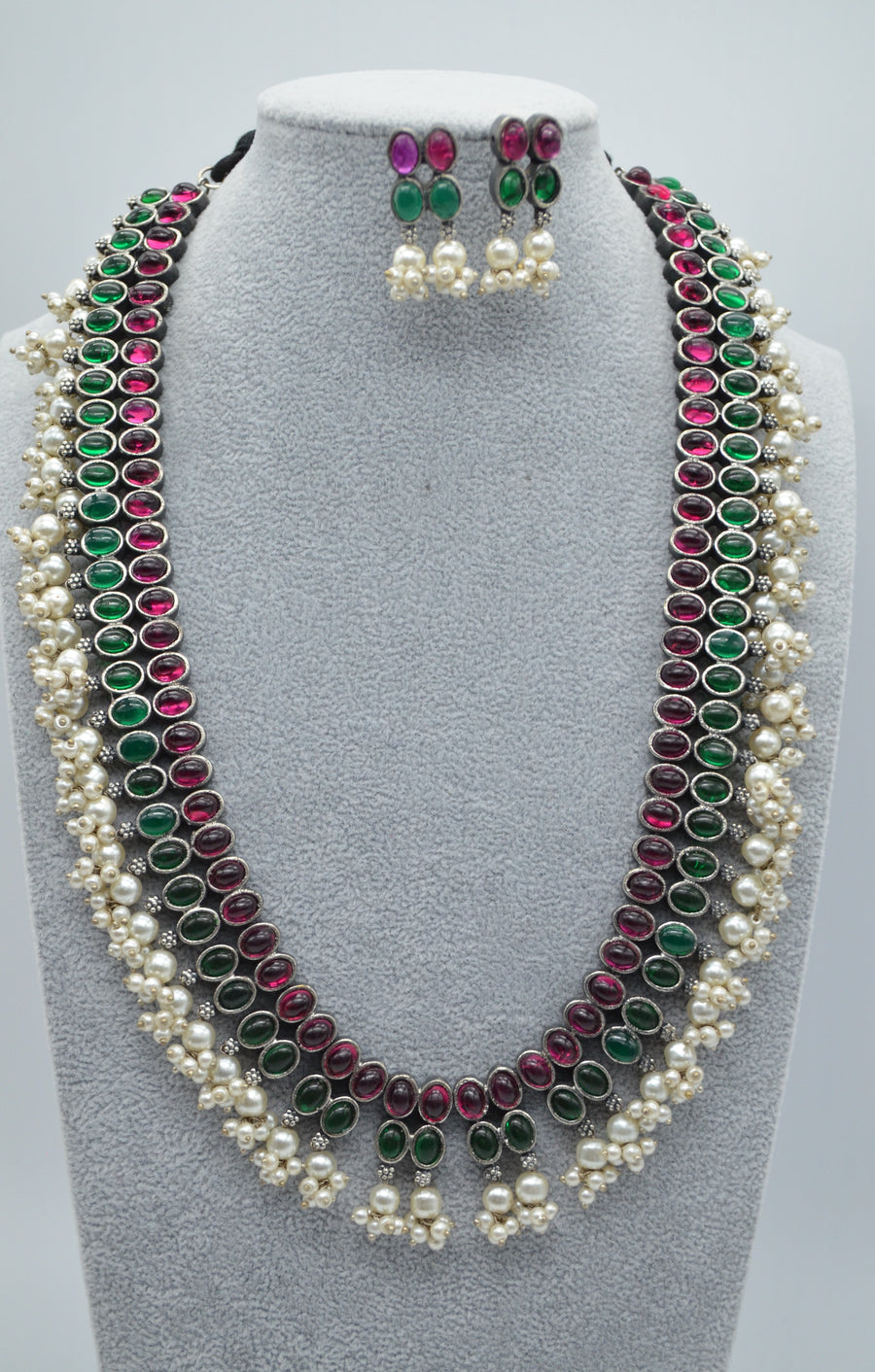 German Silver Long Colored Stones Necklace Set Necklaces