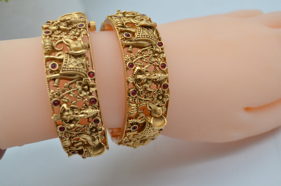 Traditional Kemp Ganesha Openable Kada - Single Or Pair Bangles