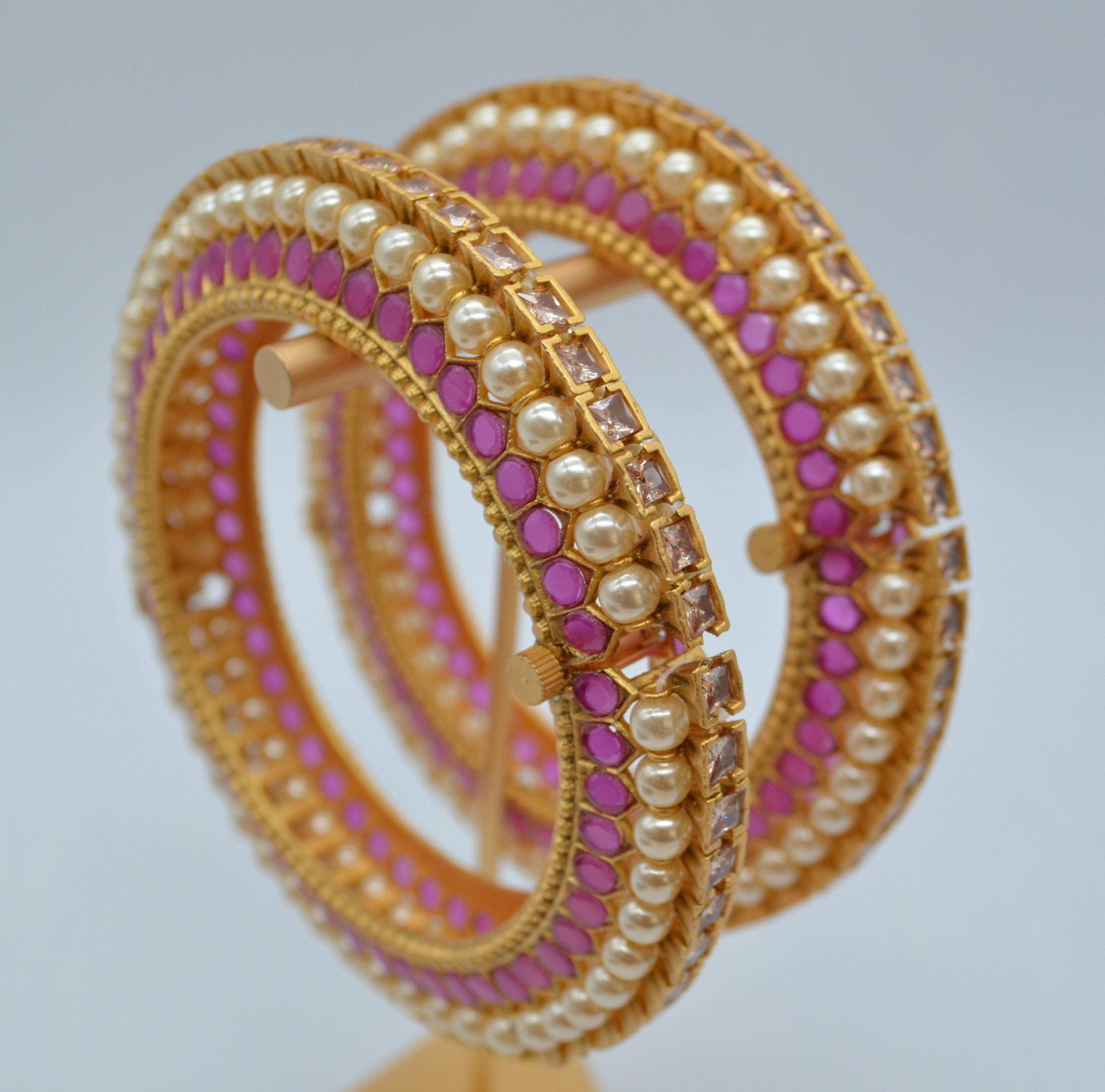 Traditional Kemp With Pearl Openable Pacheli Kada - Pair Bangles