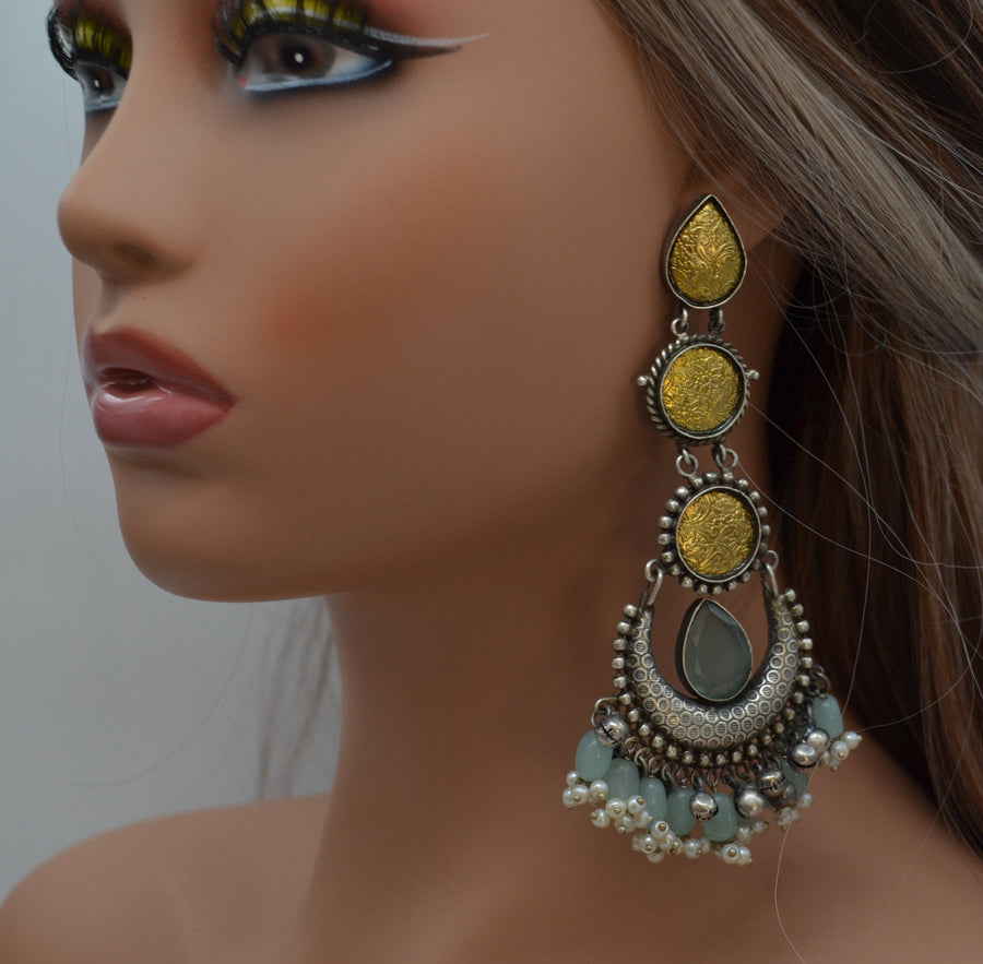 Dual Tone Designer 92.5 Silver Coated Big Statement Earrings - Aqua Blue