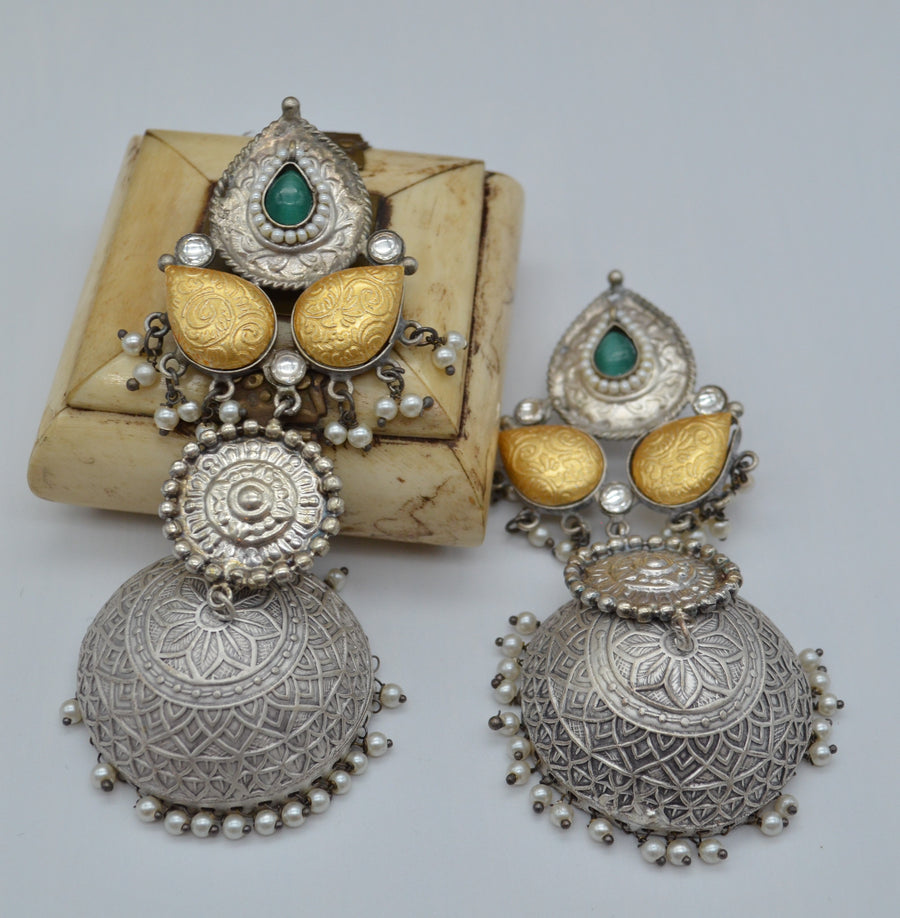 Dual Tone 92.5 Silver Coated Big Statement Jhumki Earrings Green