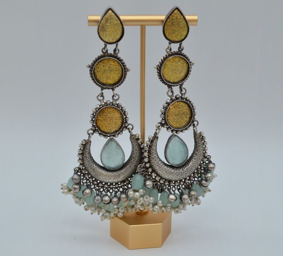 Dual Tone Designer 92.5 Silver Coated Big Statement Earrings - Aqua Blue
