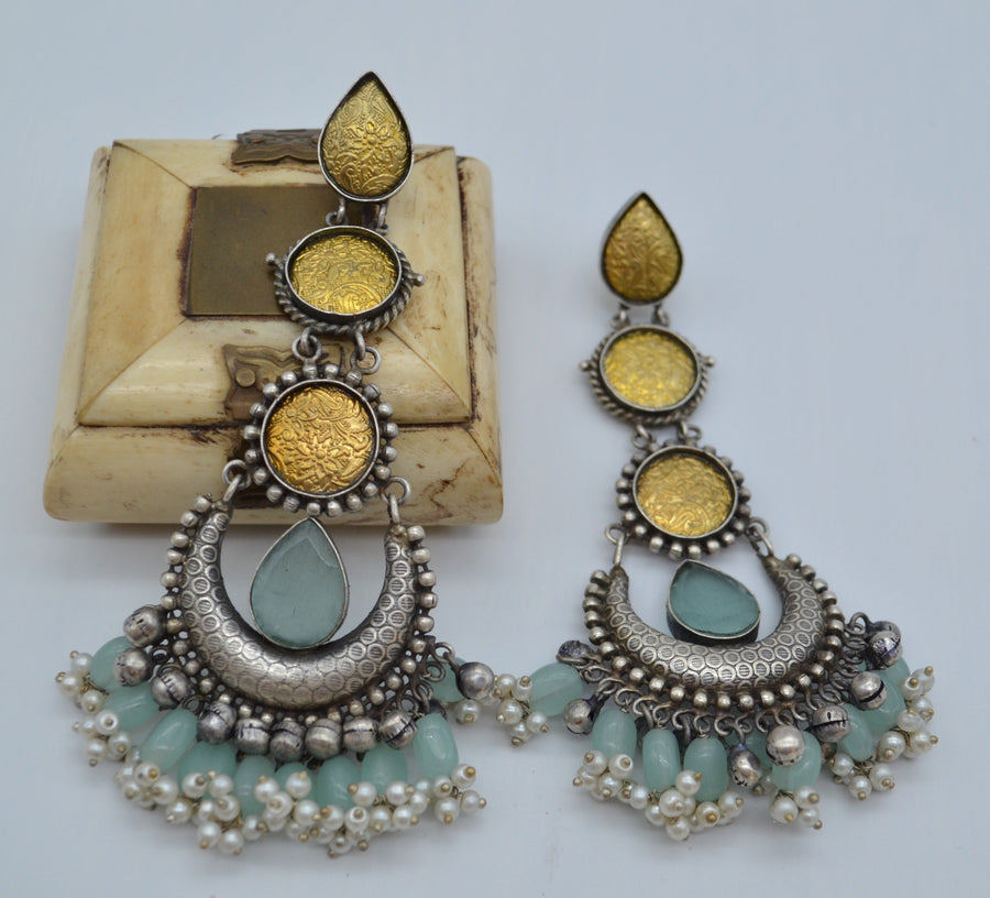 Dual Tone Designer 92.5 Silver Coated Big Statement Earrings - Aqua Blue