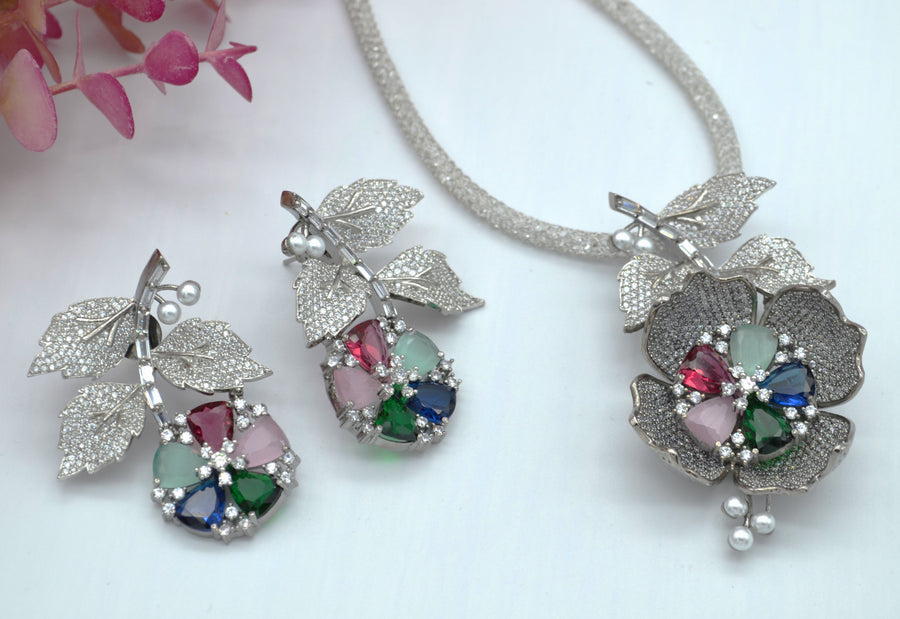 Freya Large Pave 3D Flower Pendant Set Earrings