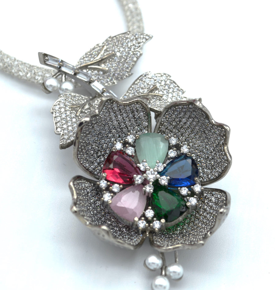 Freya Large Pave 3D Flower Pendant Set Earrings