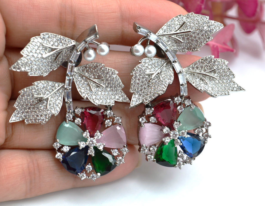 Freya Large Pave 3D Flower Pendant Set Earrings