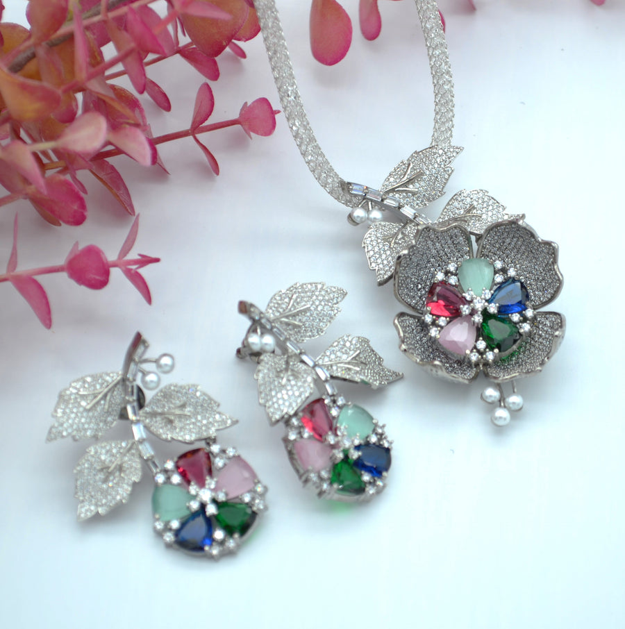 Freya Large Pave 3D Flower Pendant Set Earrings