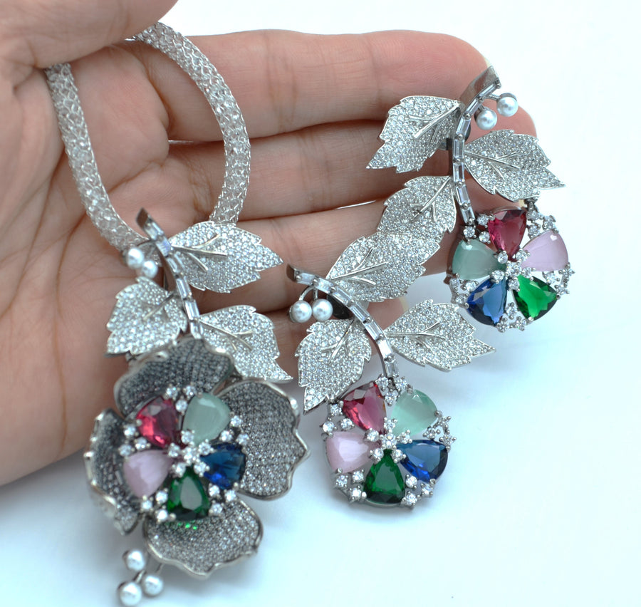 Freya Large Pave 3D Flower Pendant Set Earrings