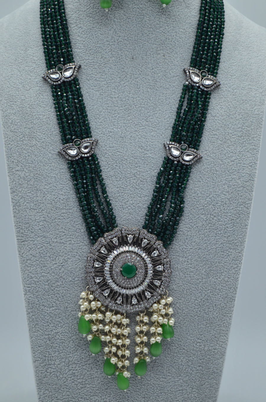 Designer Cz Center Pendant Long Necklace Set - Victorian Finish Necklaces