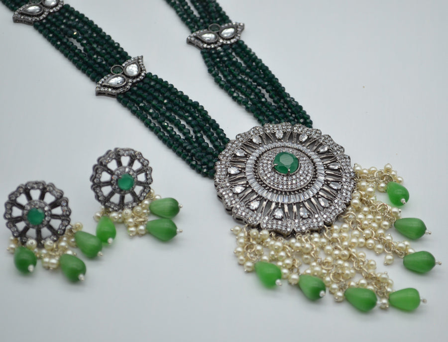 Designer Cz Center Pendant Long Necklace Set - Victorian Finish Emerald Green Necklaces