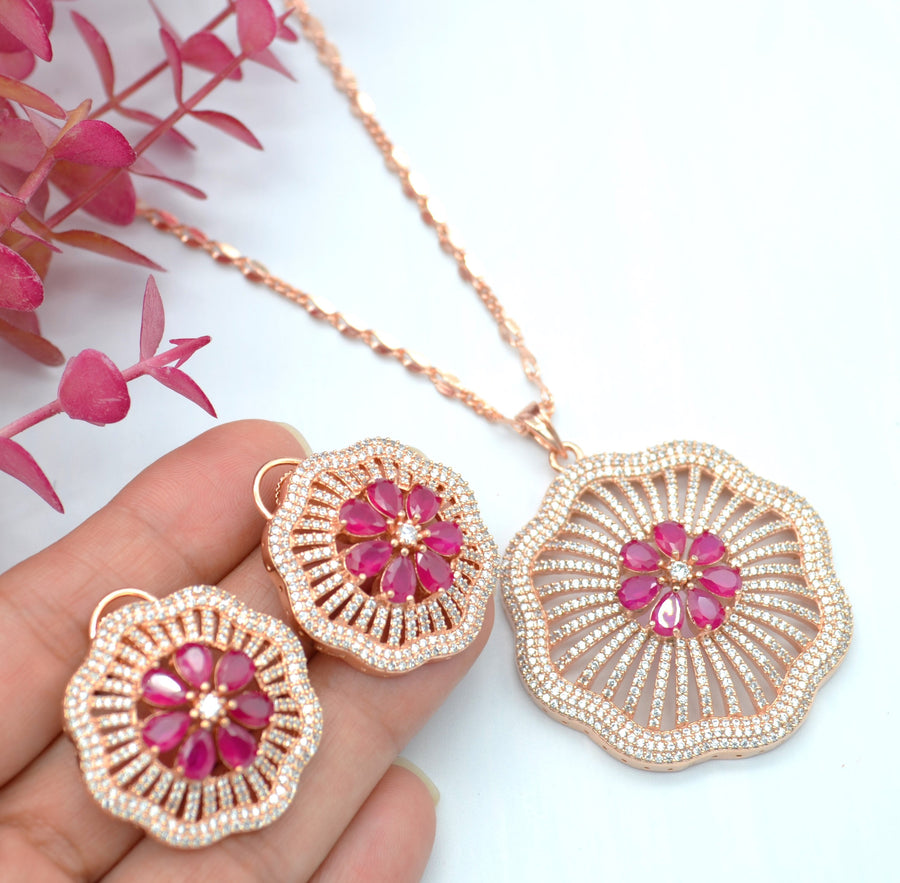 Gulshan Large Pave Flower Pendant Set Ruby Earrings