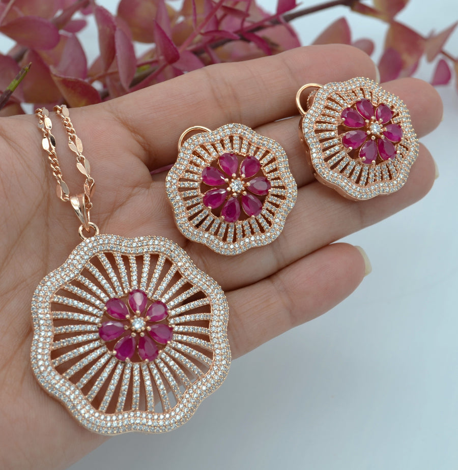 Gulshan Large Pave Flower Pendant Set Earrings