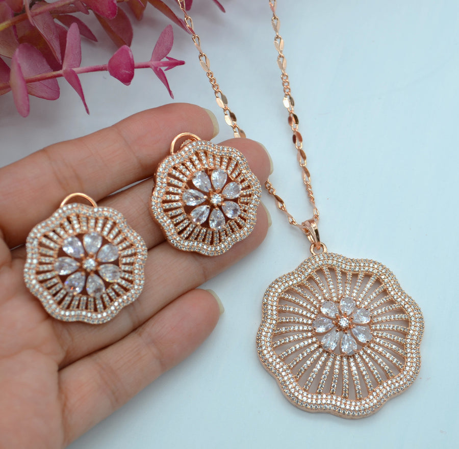 Gulshan Large Pave Flower Pendant Set White Earrings