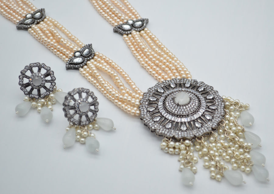 Designer Cz Center Pendant Long Necklace Set - Victorian Finish Beige Pearl Necklaces
