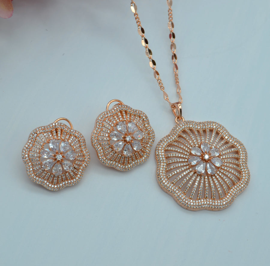 Gulshan Large Pave Flower Pendant Set Earrings