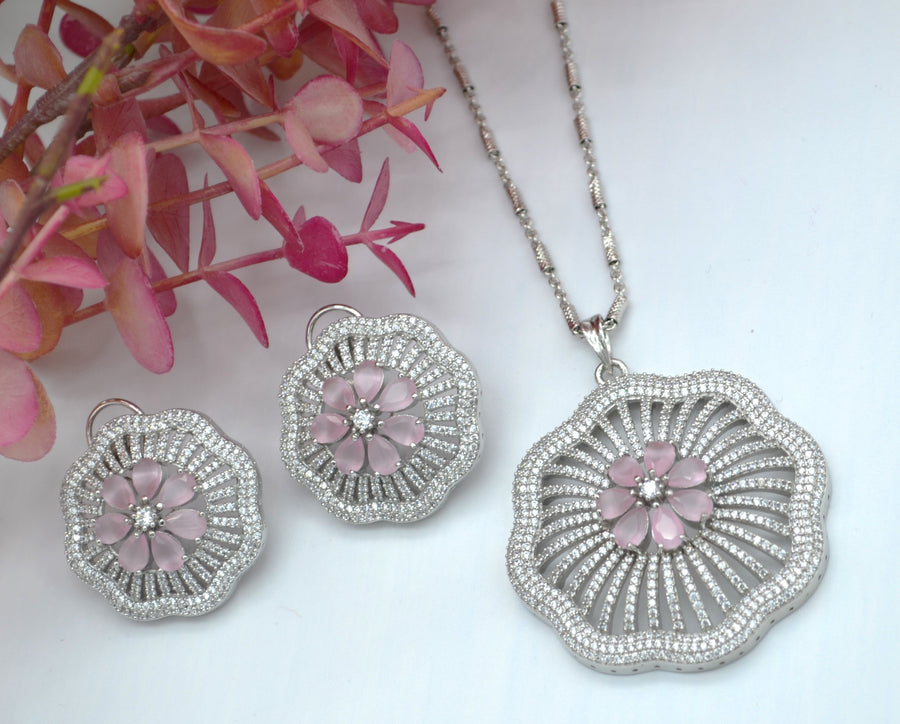 Gulshan Large Pave Flower Pendant Set - Silver Finish Necklaces