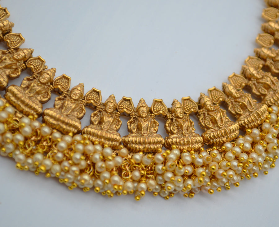 Lord Lakshmi Pearl Cluster Necklace Set With Jhumki - Temple Jewelry Necklaces