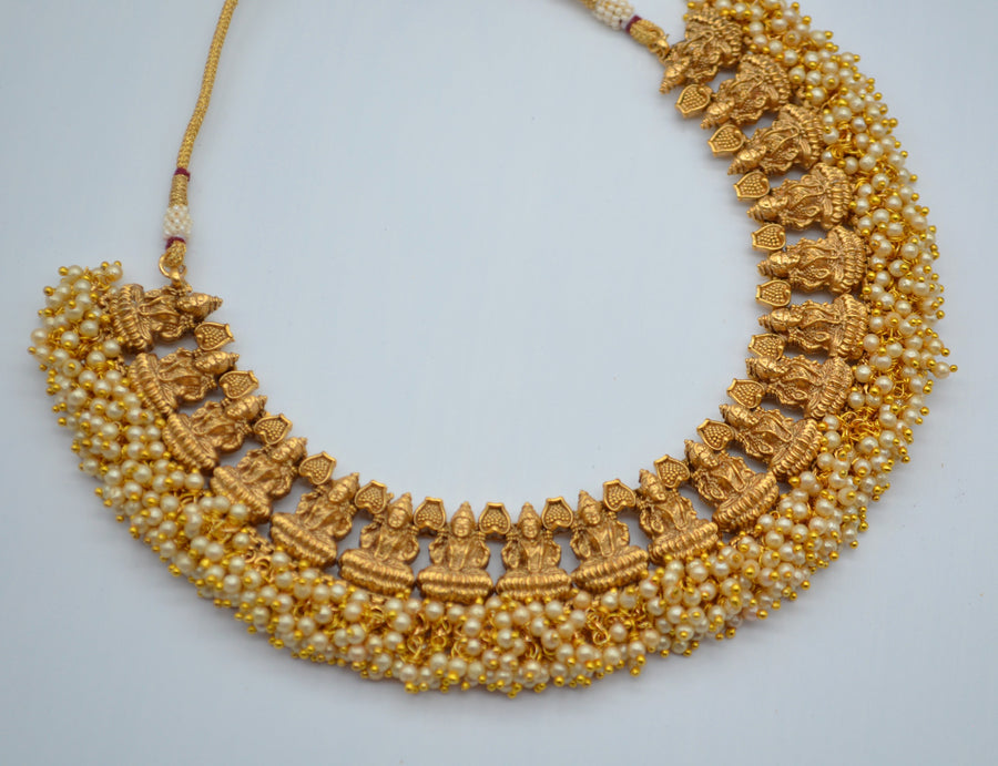 Lord Lakshmi Pearl Cluster Necklace Set With Jhumki - Temple Jewelry Necklaces