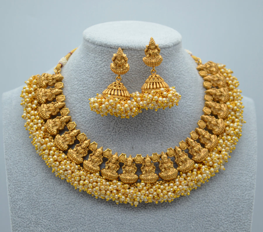 Lord Lakshmi Pearl Cluster Necklace Set With Jhumki - Temple Jewelry Necklaces