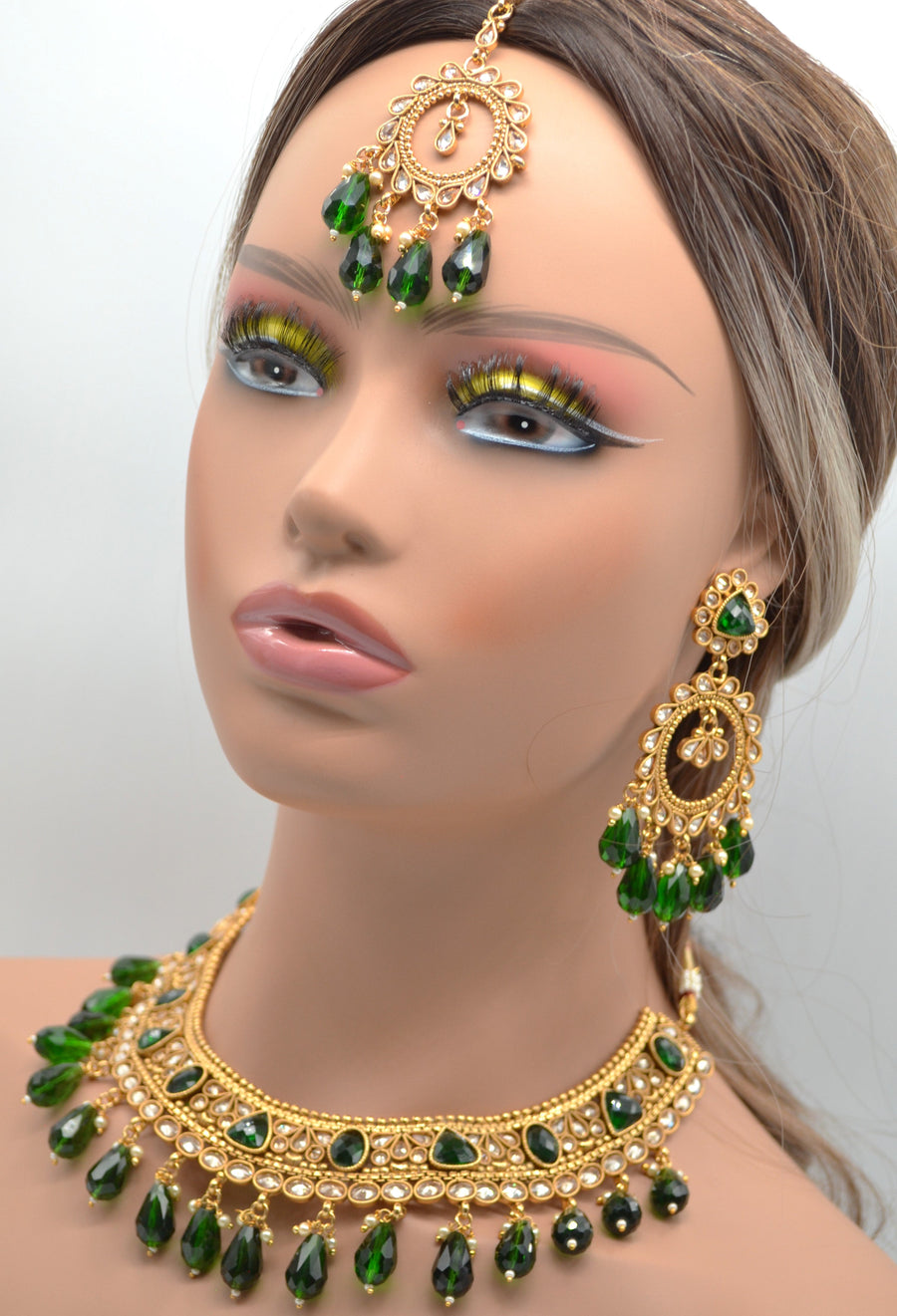 Bottle Green - Polki Kundan Necklace Set With Maang Teeka Necklace