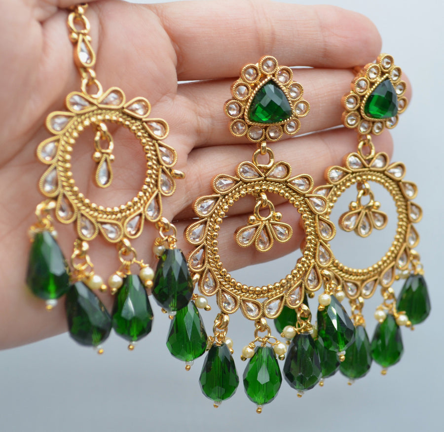 Bottle Green - Polki Kundan Necklace Set With Maang Teeka Necklace