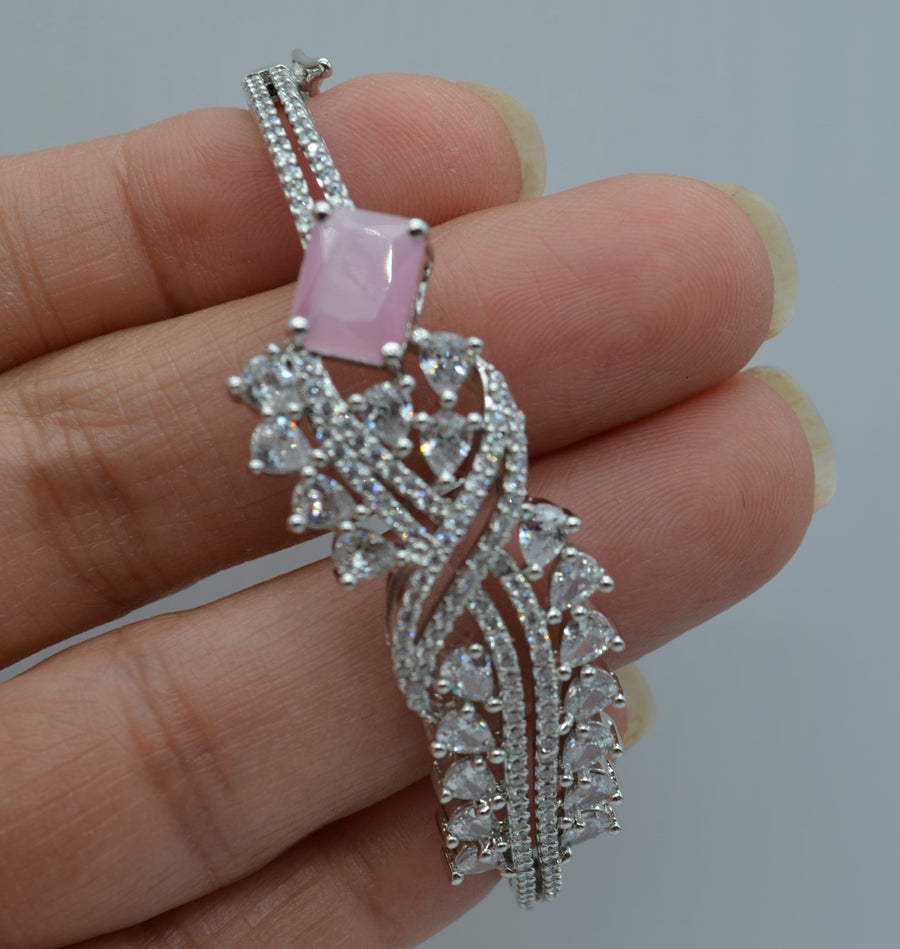 Cz Studded Openable Bracelet - Silver Finish Pink Bracelets