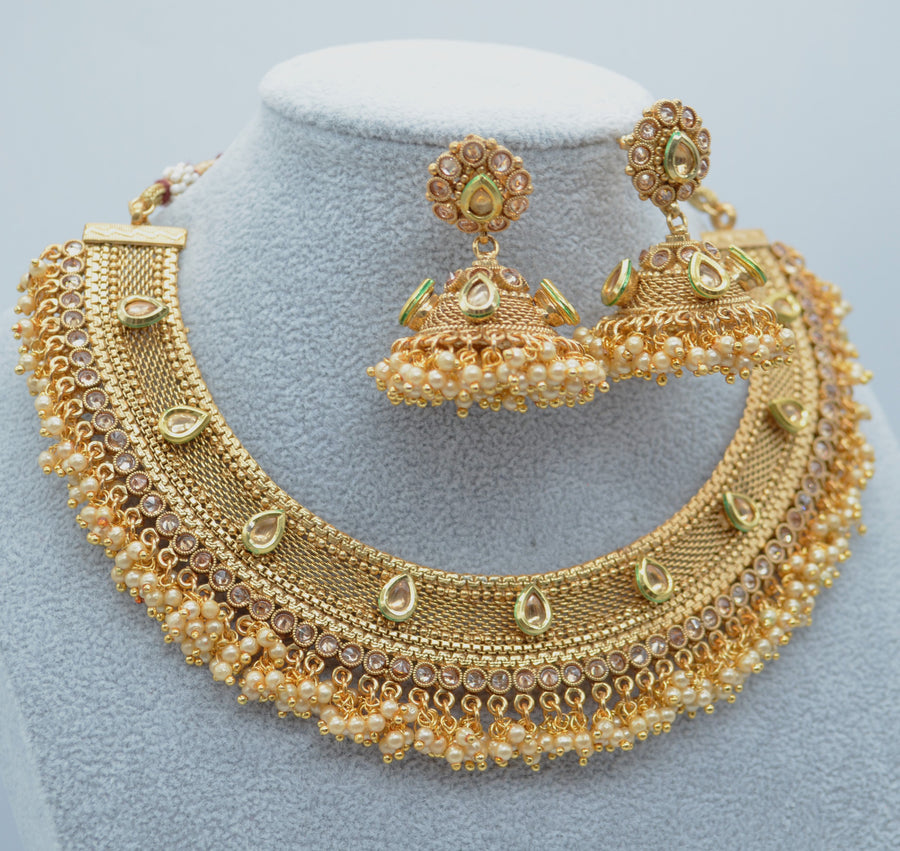 Kundan Gold Pearl Cluster Necklace Set With Jhumki Necklaces
