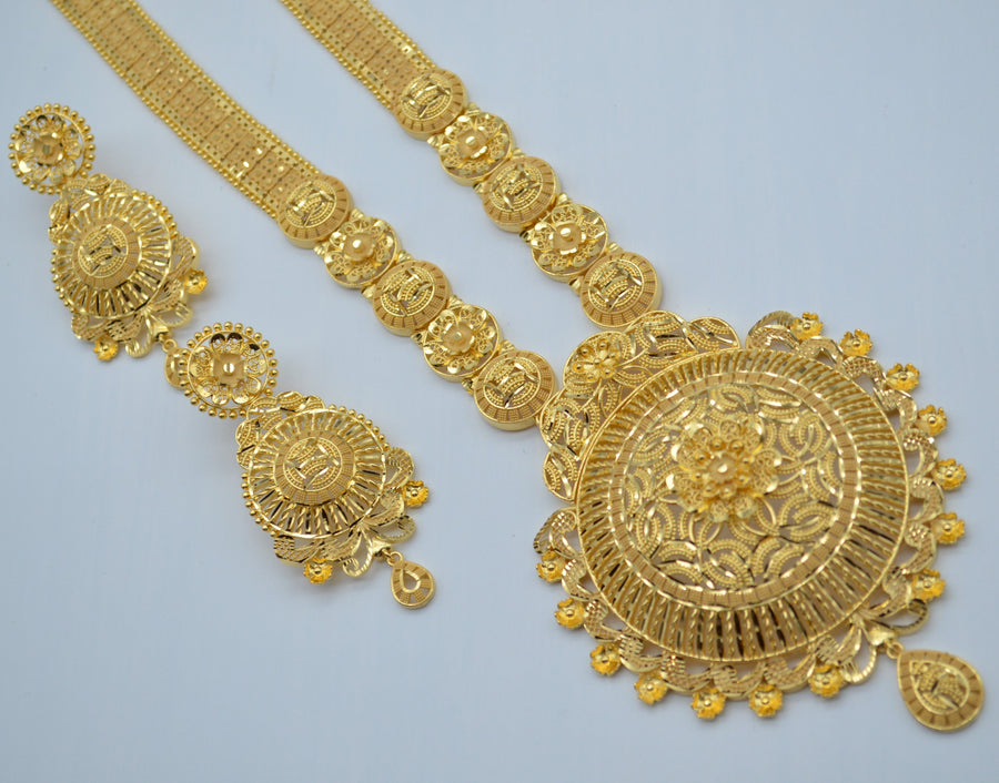 Traditional Long Around Shape 3D Laser Cut -1 Gram Gold Plated Necklace Set Necklaces