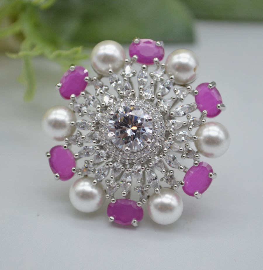 Cz With Pearl & Monalisa Stone Adjustable Ring Hot Pink Rings