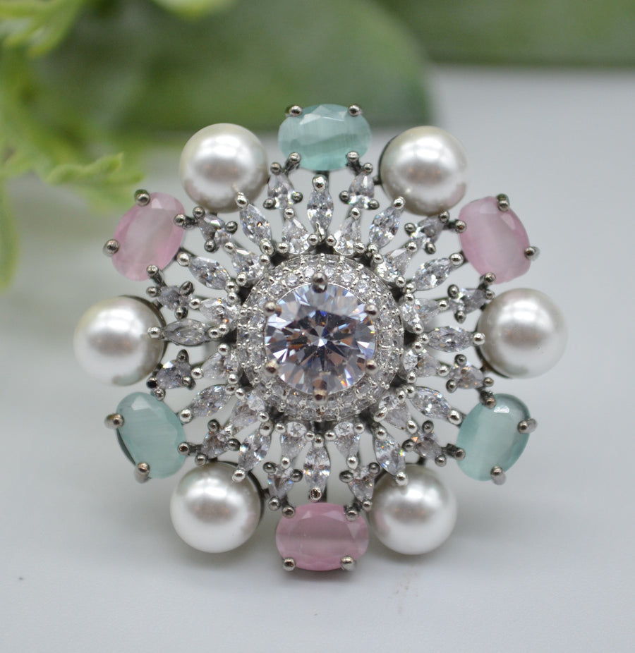 Cz With Pearl & Monalisa Stone Adjustable Ring Mint Multi Rings