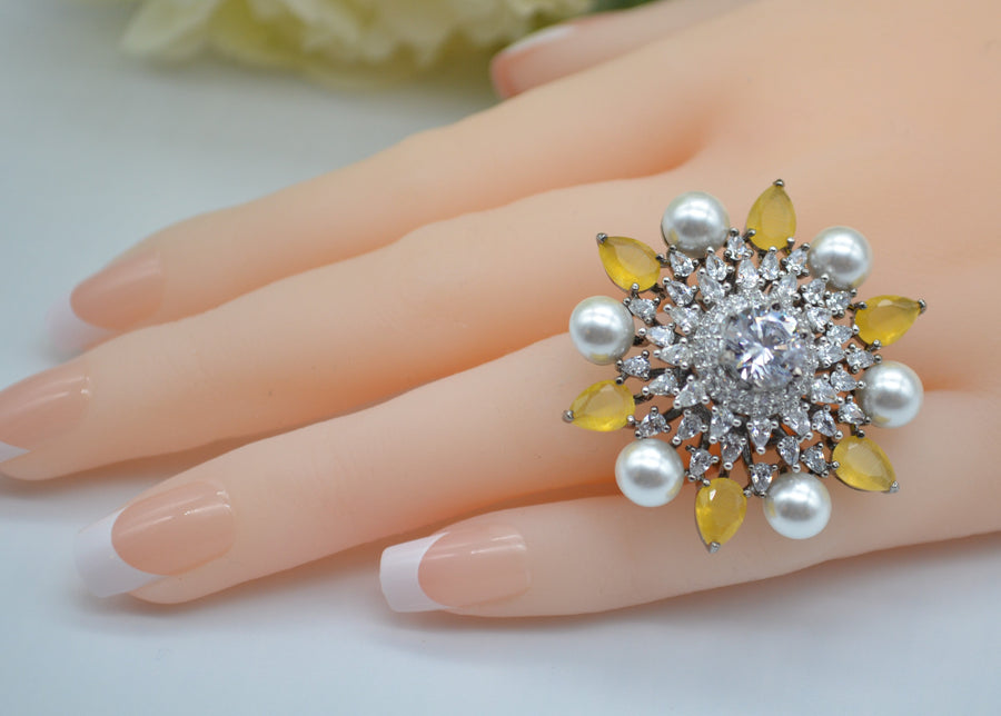 Cz With Pearl & Monalisa Stone Adjustable Ring Rings