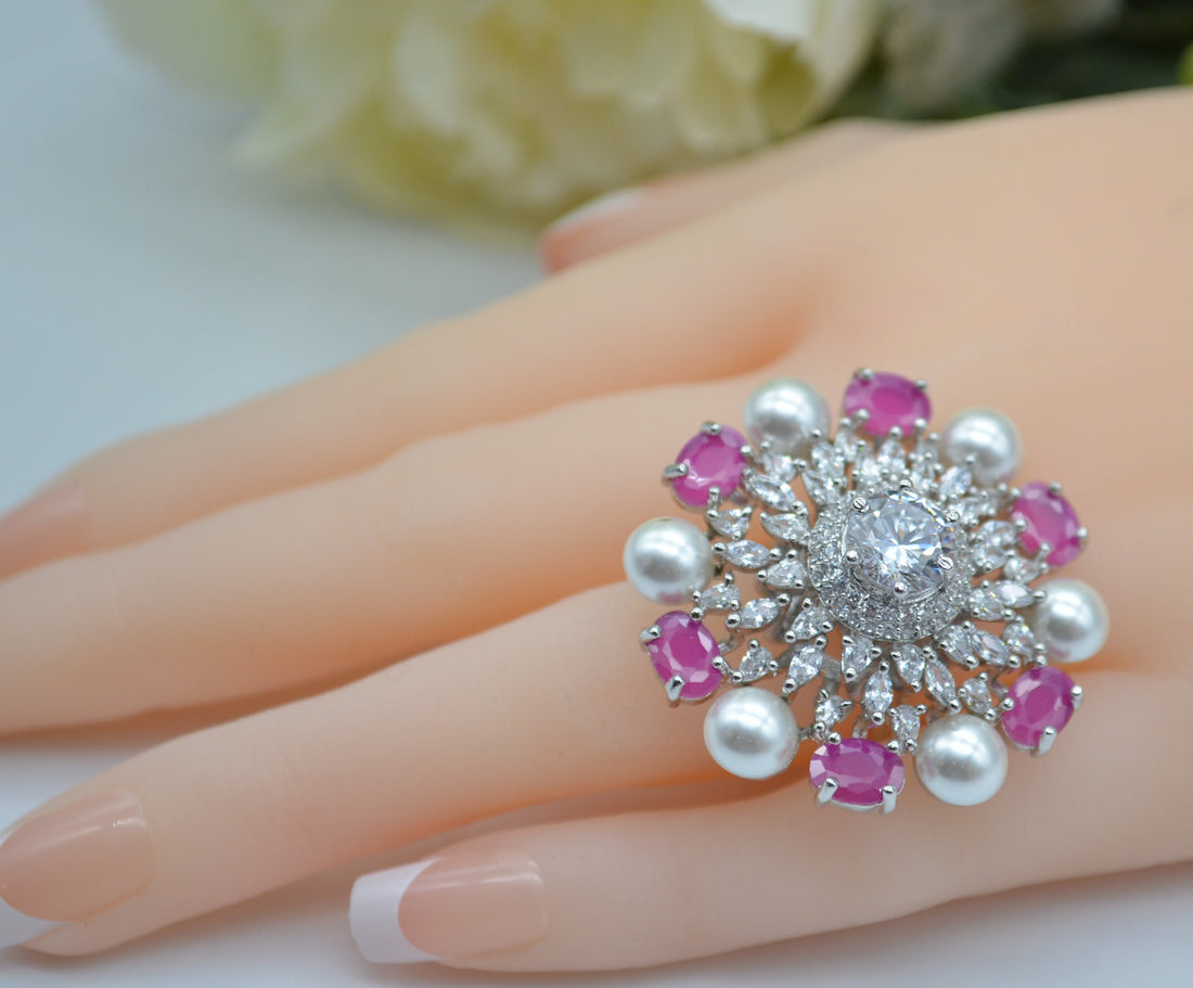 Cz With Pearl & Monalisa Stone Adjustable Ring Rings