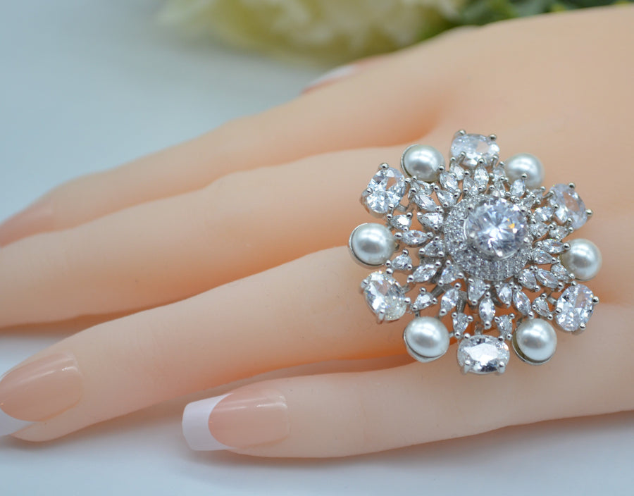 Cz With Pearl & Monalisa Stone Adjustable Ring Rings