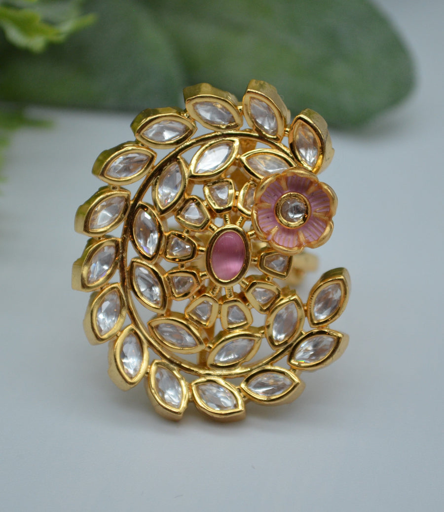 Tyaani Inspired Kundan Adjustable Ring Pink Rings
