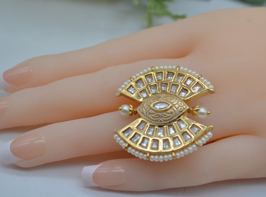 Tyaani Kundan Adjustable Ring Pearl Rings