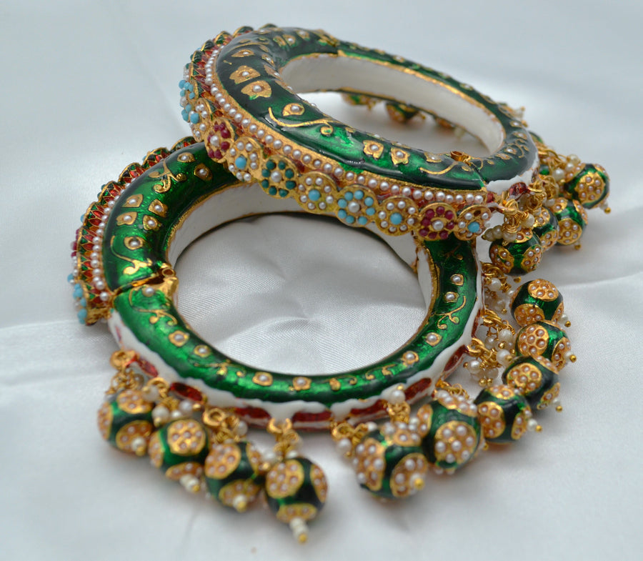Designer Rajasthani Green Meenakari Pacheli Opnable Kada - Pair Or Single Bangles