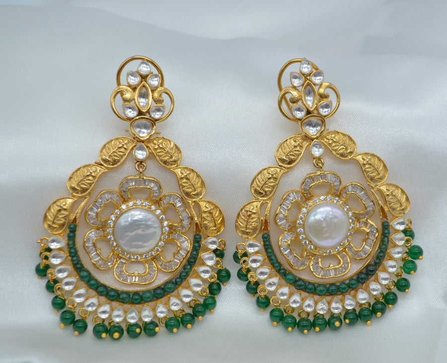Green Statement Kundan Chandbali Earrings