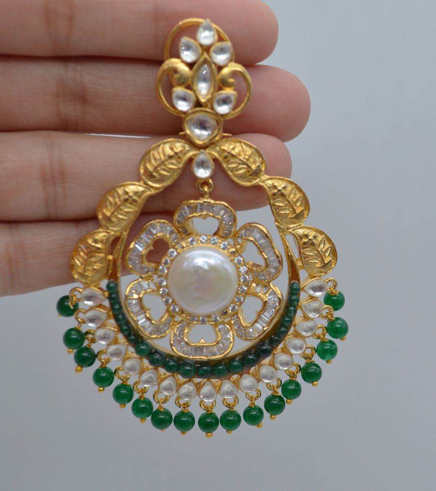 Green Statement Kundan Chandbali Earrings