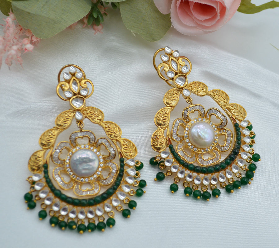Green Statement Kundan Chandbali Earrings