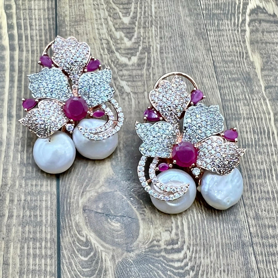 Cz Studded Flower Petal Design Baroque Pearl Earrings. Earrings