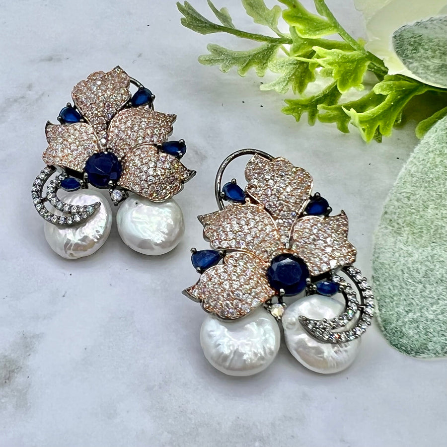 Cz Studded Flower Petal Design Baroque Pearl Earrings. Earrings