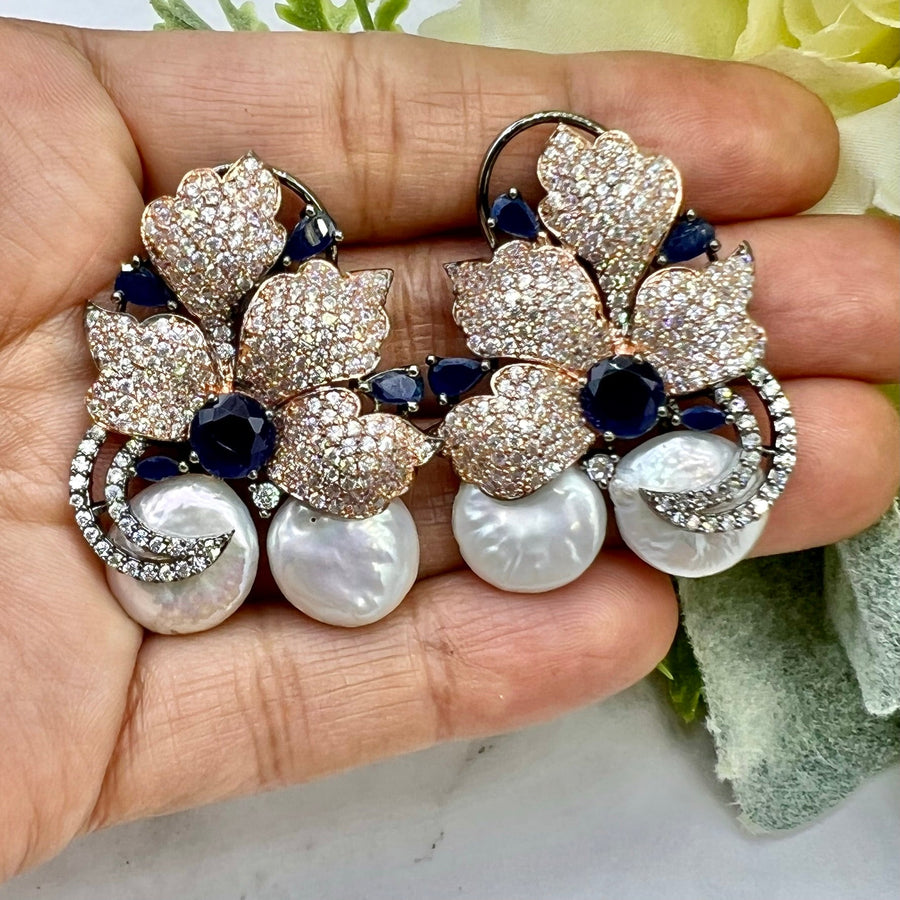 Cz Studded Flower Petal Design Baroque Pearl Earrings. Earrings