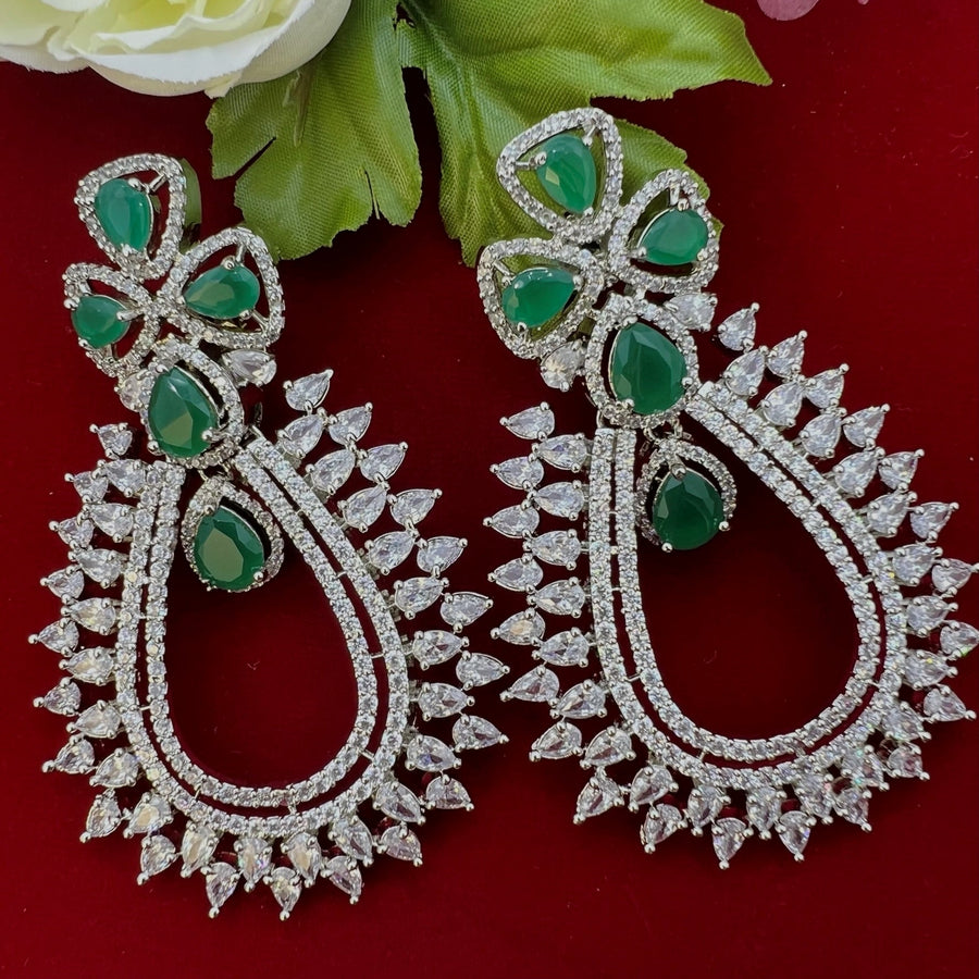 Silver Cz Monalisa Stone Dangler Long Earrings Emerald Green