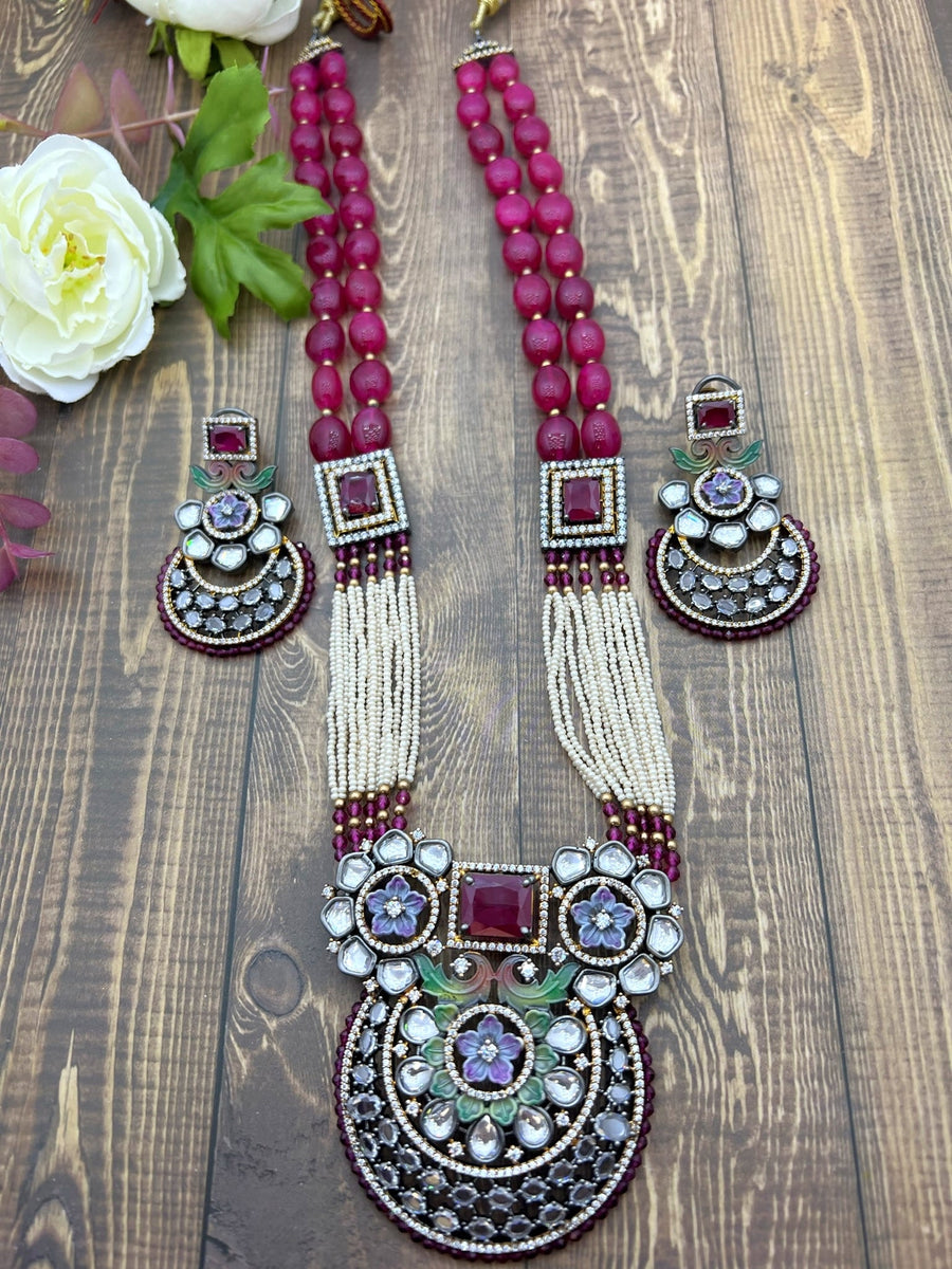 Designer Minakari Kundan Center Pendant Long Necklace Set Necklaces