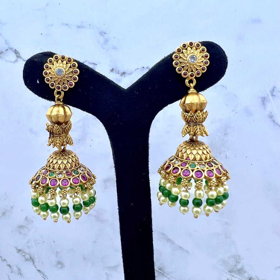 Traditional Kemp Multi Stone Jhumki Earrings
