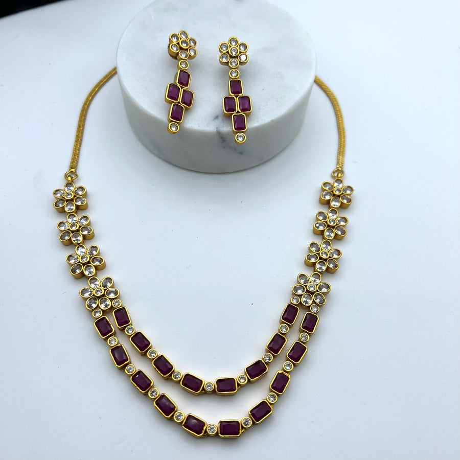 Kemp Flower Double Layer Nacklace Set. Ruby Necklaces