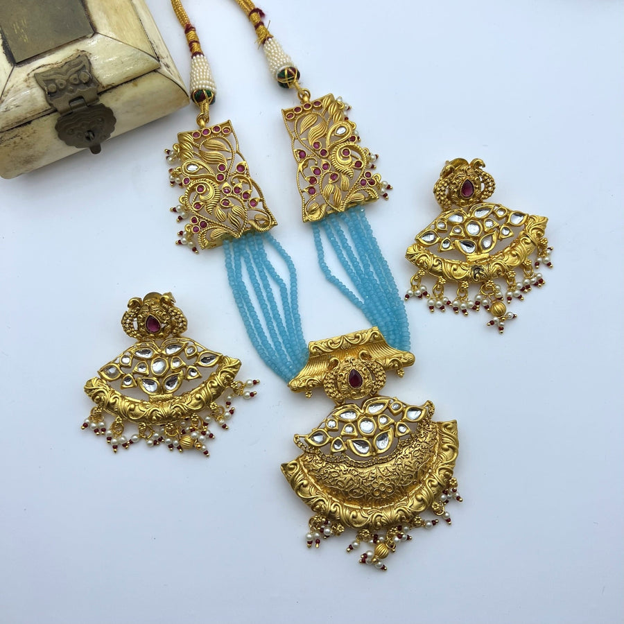 Kemp Uncut Kundan Necklace Set. Blue Necklaces