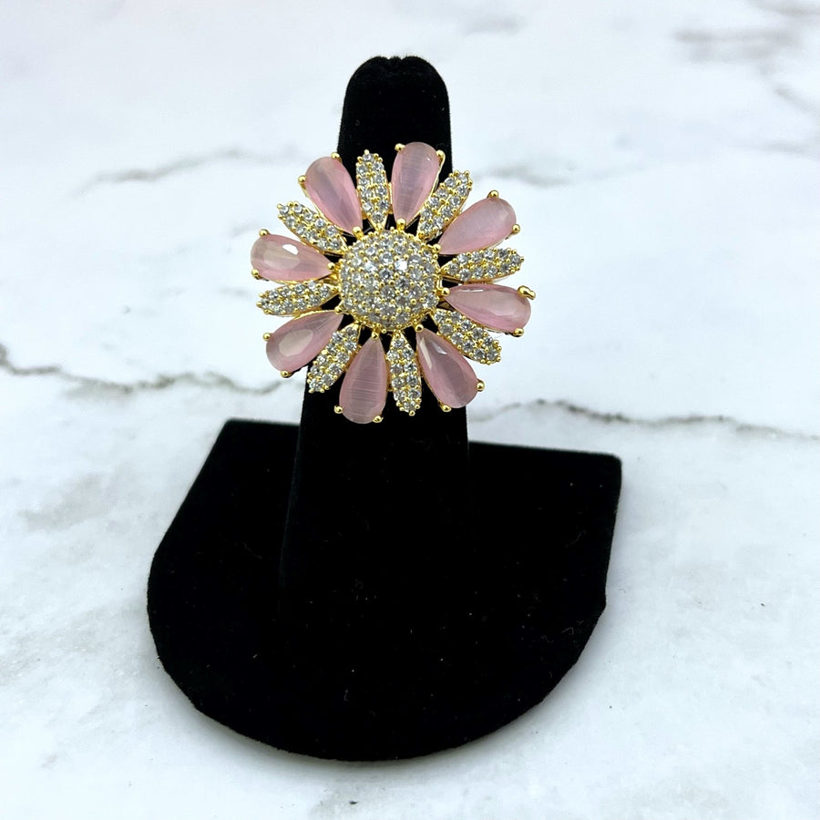 American Diamond With Monalisa Stone Adjustable Ring Pink Rings