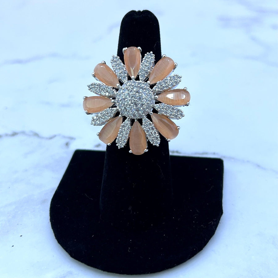 American Diamond With Monalisa Stone Adjustable Ring Peach Rings